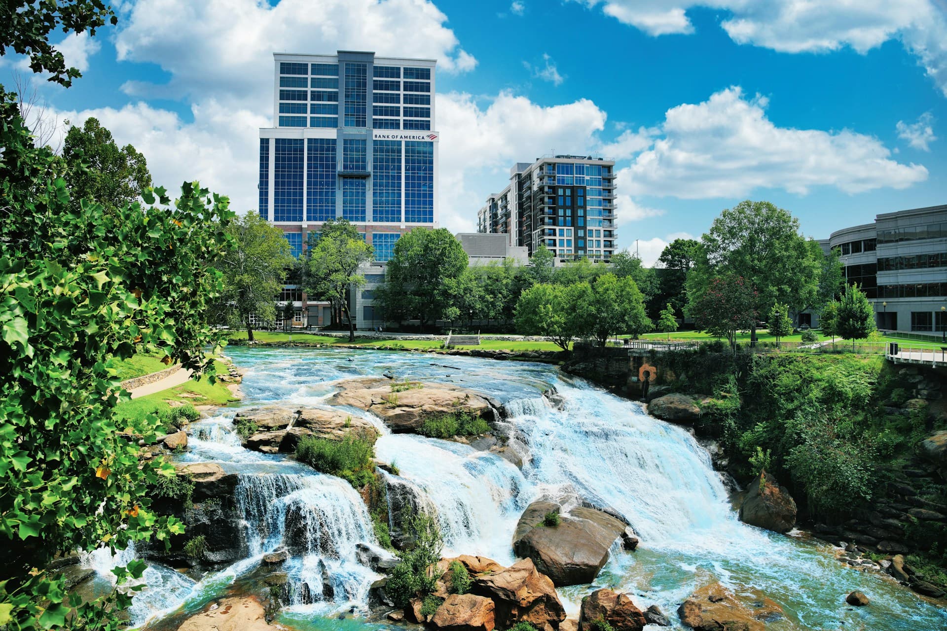 Greenville SC waterfall and skyline